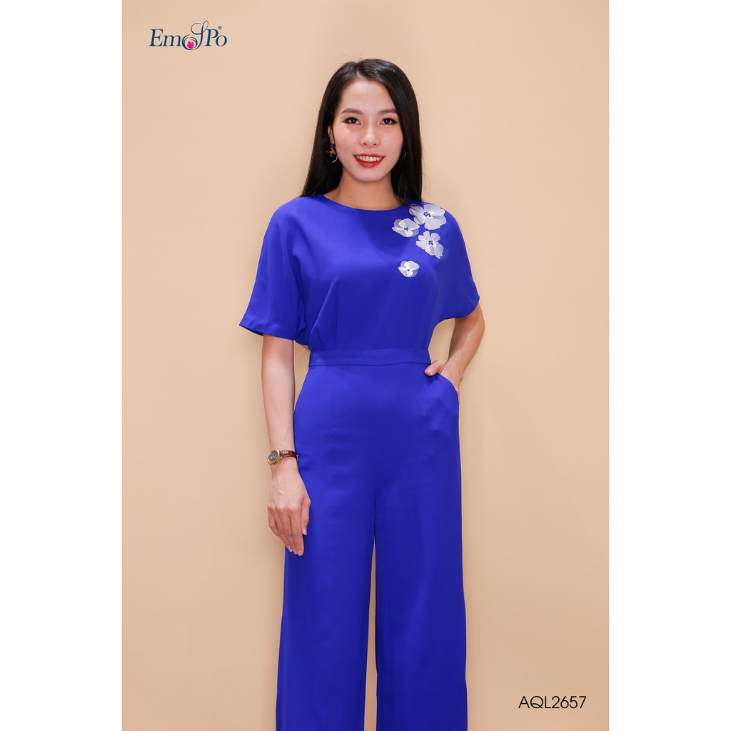 [Mã LT50 giảm 50k đơn 250k] Áo Jumpsuit cổ tròn, áo cánh dơi, ống suông Emspo AQL2657 (Tím than, Coban)