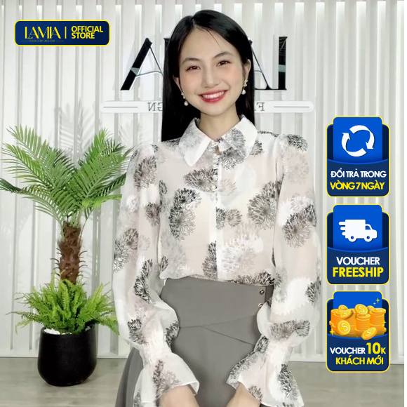 Áo sơ mi nữ hè Lamia Design SM339 màu trắng xám họa tiết hoa bỉ ngạn