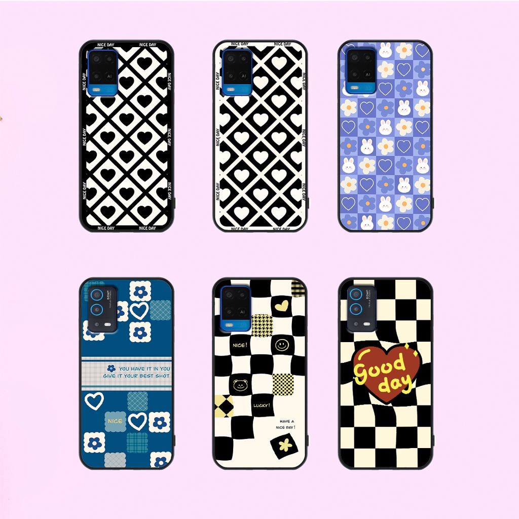 Ốp lưng Oppo A54 - Oppo A55 in hoạ tiết caro trái tim đen trắng, gấu bear cute đáng yêu