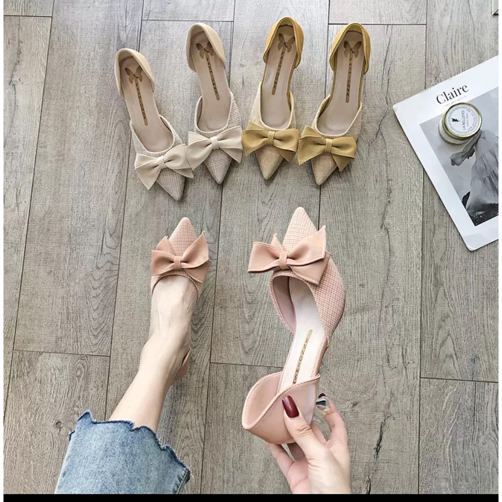 Giày Cao Gót Nữ GD99 Cót Cao 5cm, Mũi Nhọn Miệng Cạn Đính Nơ Xinh Xắn,có 2 màu Vàng & Be, Size 35-39 Thời Trang Nữ 2021