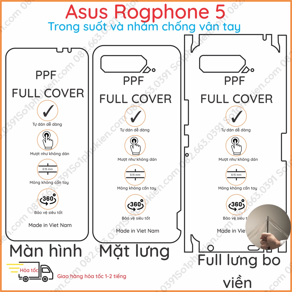 Dán dẻo PPF Asus Rogphone 5 loại trong, nhám dành cho màn hình, mặt lưng, full lưng bo viền