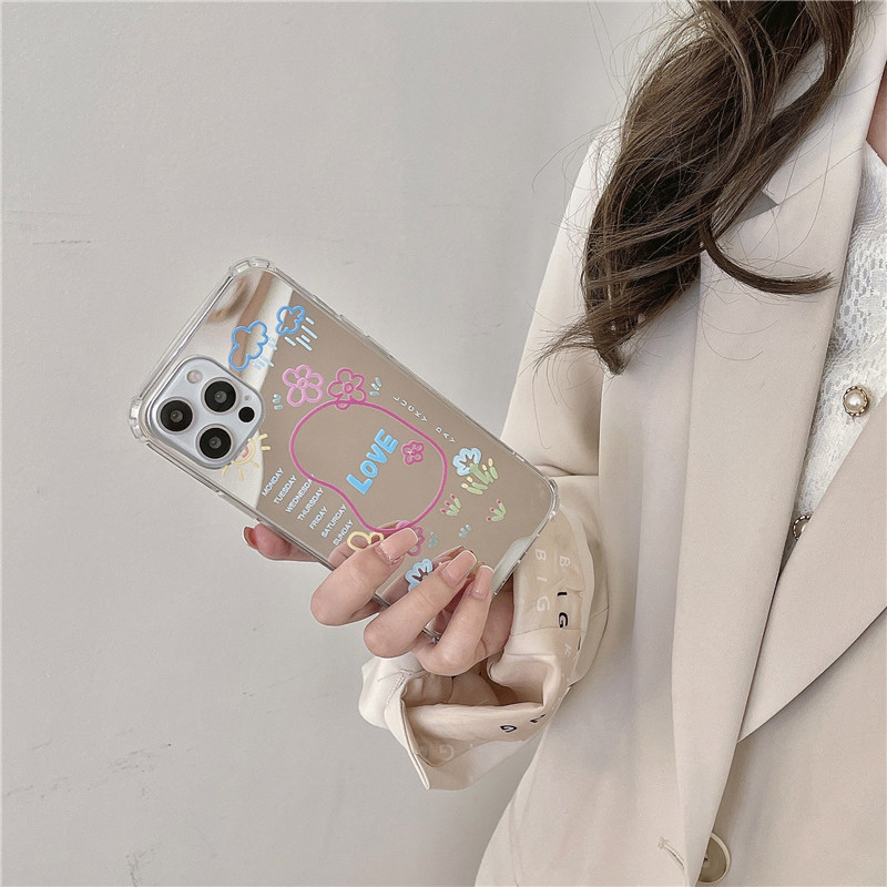 Ốp điện thoại tráng gương in hoa graffiti và chữ love cho iPhone Xs Max 11 / 12pro / Max / X / XS / XR / SE