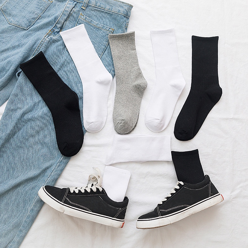 Vớ Thể Thao Cotton Cổ Cao Màu Trắng / Đen Thời Trang Mùa Hè Thoáng Khí Cho Nam Và Nữ