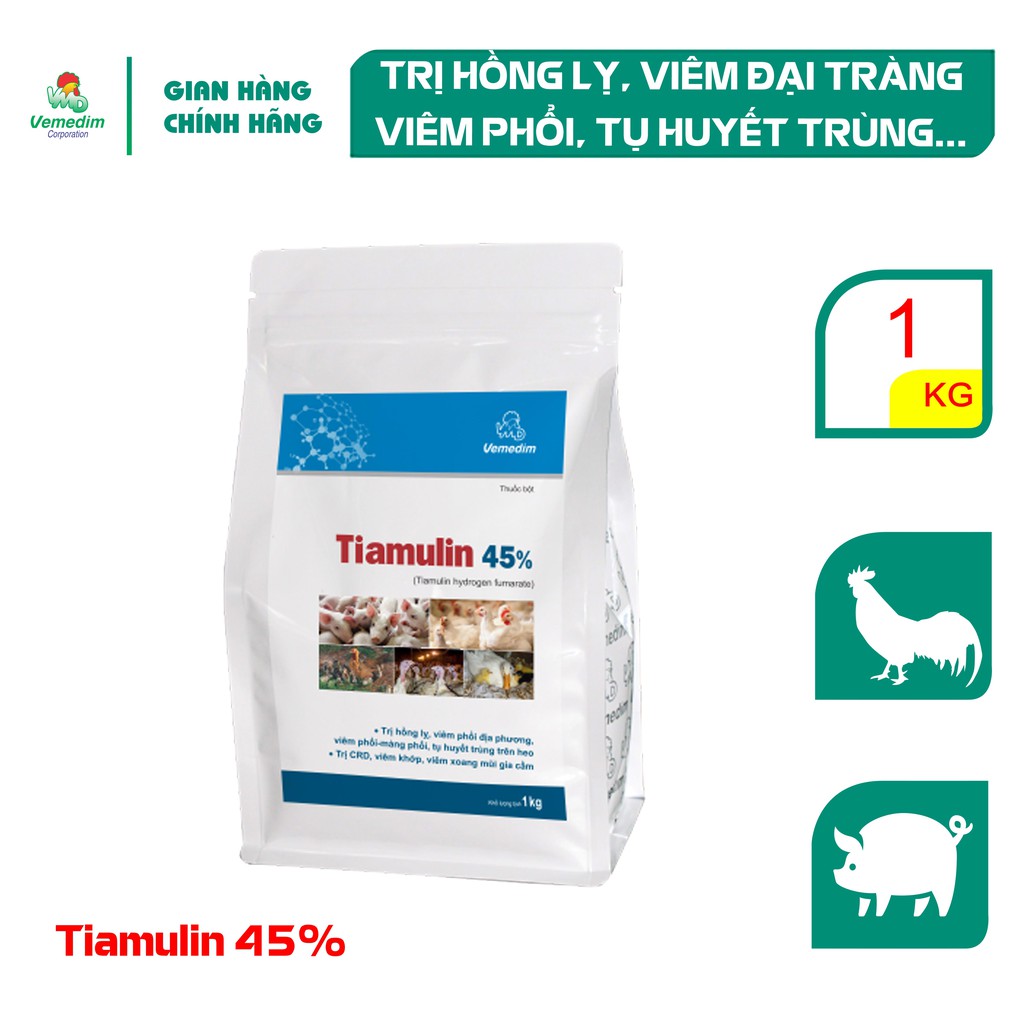 Vemedim Tiamulin 45% kháng sinh dùng cho heo, gà bị hồng lỵ, đại tràng, tụ huyết trùng, gói 1kg
