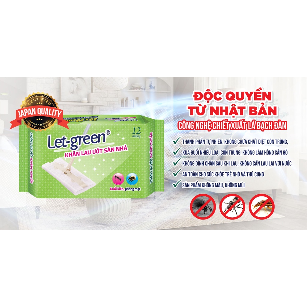 Combo 4 Khăn Ướt Lau Sàn Đuổi Kiến Phòng Mạt Let-Green 12 Miếng/Bao