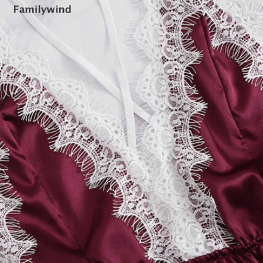 Bộ đồ ngủ liền thân cổ chữ v bằng satin phối ren hở lưng quyến rũ dành cho nữ