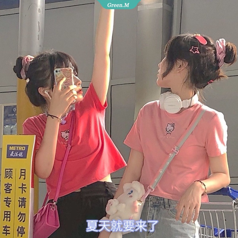 Áo Thun Tay Ngắn Chất Liệu Cotton In Họa Tiết Hello Kitty Thời Trang Mùa Hè Cho Nữ 2021