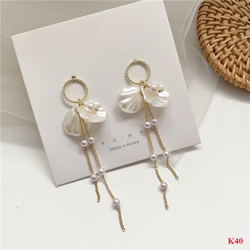 Mayconner Khuyên tai nữ bông tai dài cánh hoa mix cườm kF40
