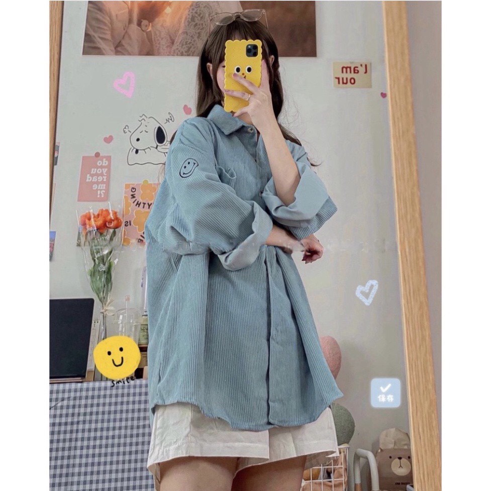 Aó sơ mi nữ,áo sơ mi dài tay thêu mặt cười phom rộng nhiều màu mặc mùa hè thoáng mát