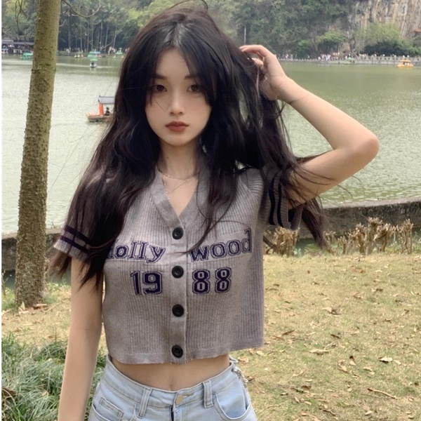 Áo cardigan NZN ngắn tay cổ chữ V in chữ phong cách Hàn Quốc thời trang cho nữ