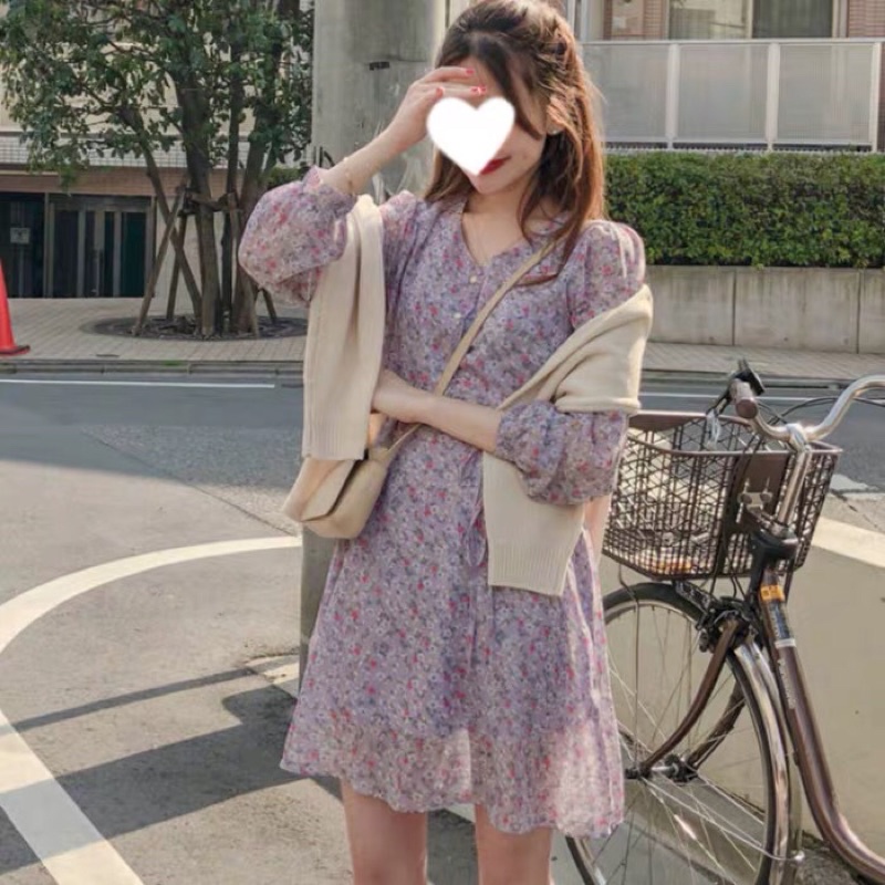 (ORDER.buiny) Đầm nữ/Váy MORAN hoa nhí dài tay dáng xòe Vintage Hàn Quốc | BigBuy360 - bigbuy360.vn