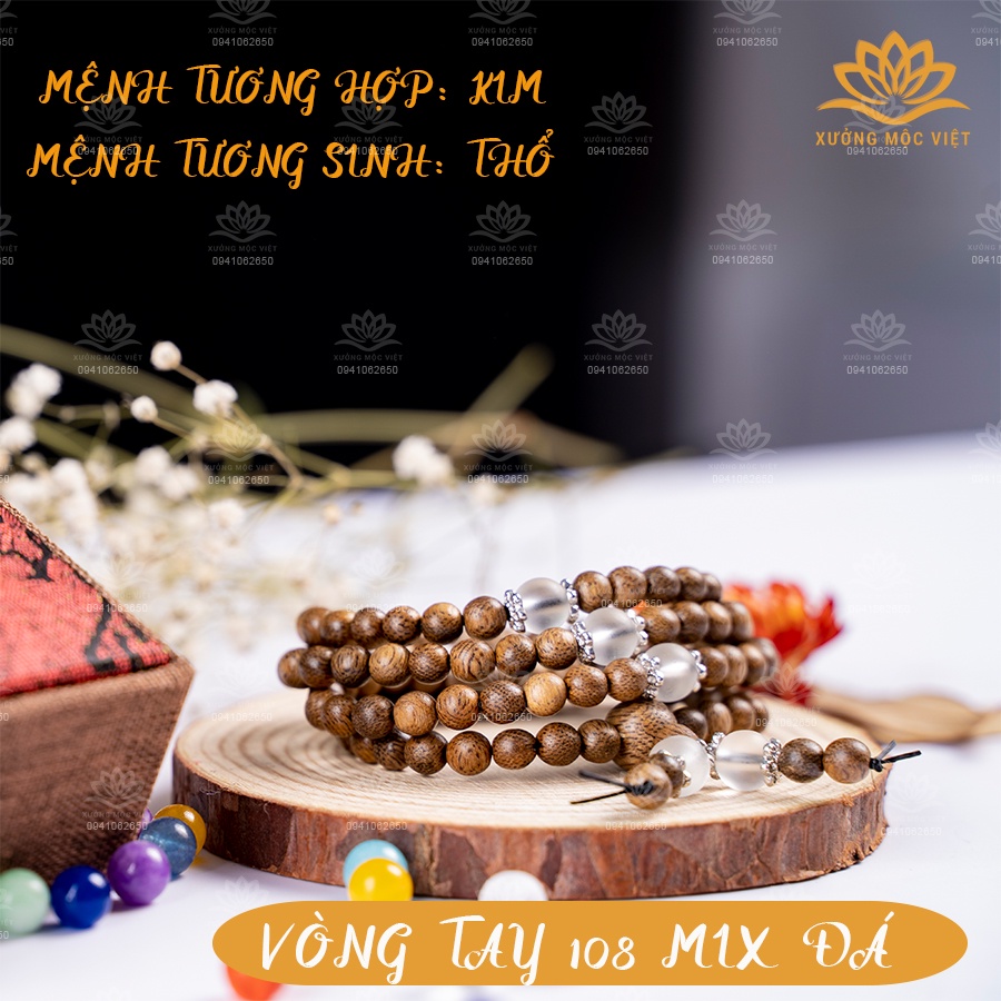 Vòng Tay Trầm Hương Xưởng Mộc Việt Chuỗi Tràng Hạt 108 Trầm Tốc Size 6mm Mix Đá Hợp Mệnh