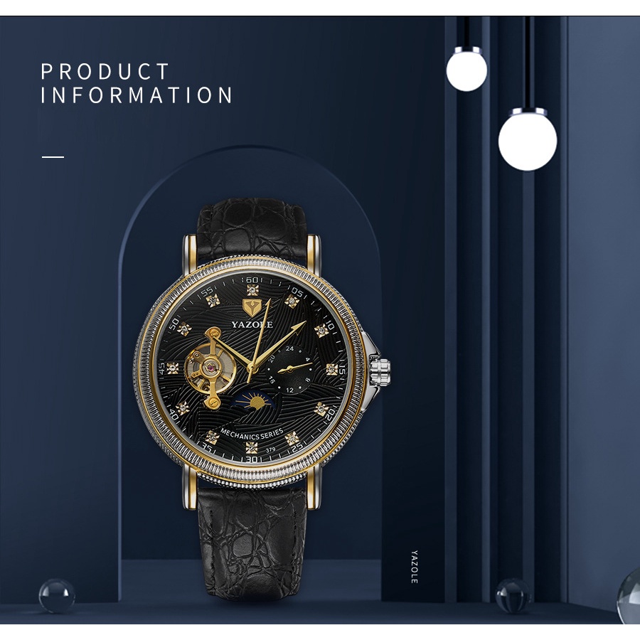 Đồng hồ cơ nam tự động automatic dây da chính hãng YAZOLE Y379 lộ máy sang trọng cao cấp | BigBuy360 - bigbuy360.vn