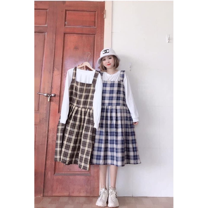 [Rẻ Vô Địch Set Váy Yếm Kẻ Caro Mới + Áo CroptopTay Bồng Ullzzang Ảnh Thật
