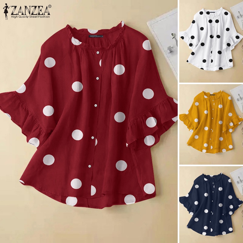 ZANZEA Áo Kiểu Cổ Tròn Tay 3 / 4 Họa Tiết Chấm Bi Phối Bèo Thời Trang Cho Nữ