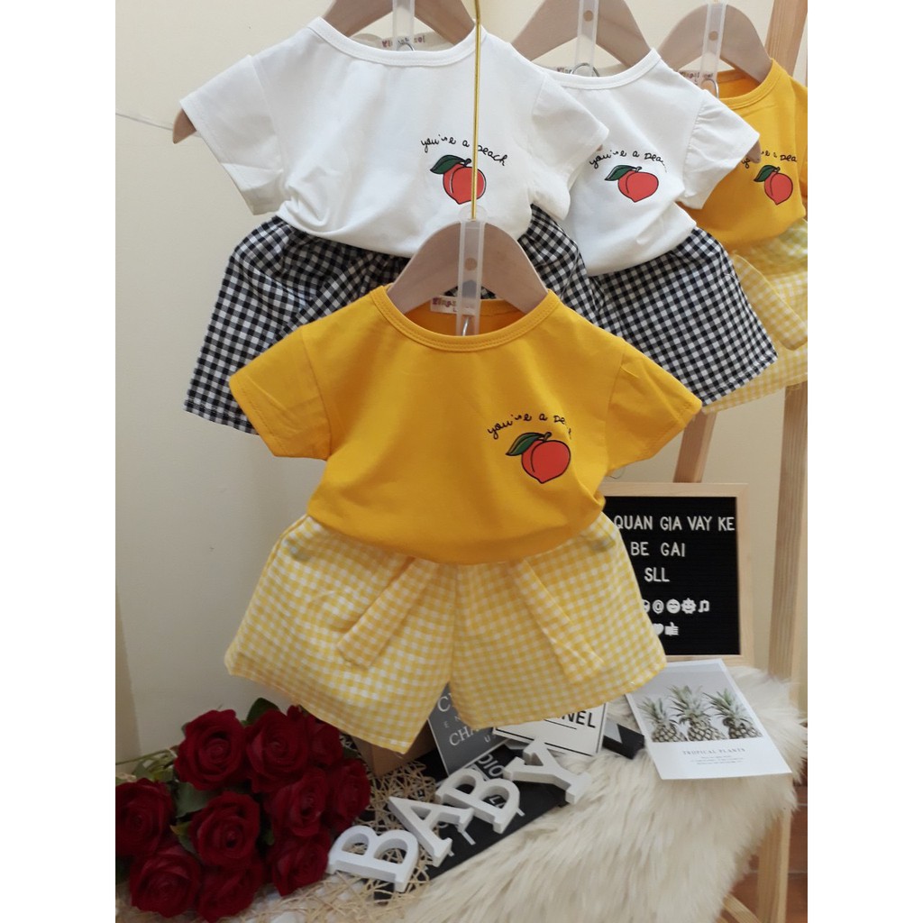 Bộ đồ coton tàu quần giả váy thô kẻ cho bé gái size 7-22kg