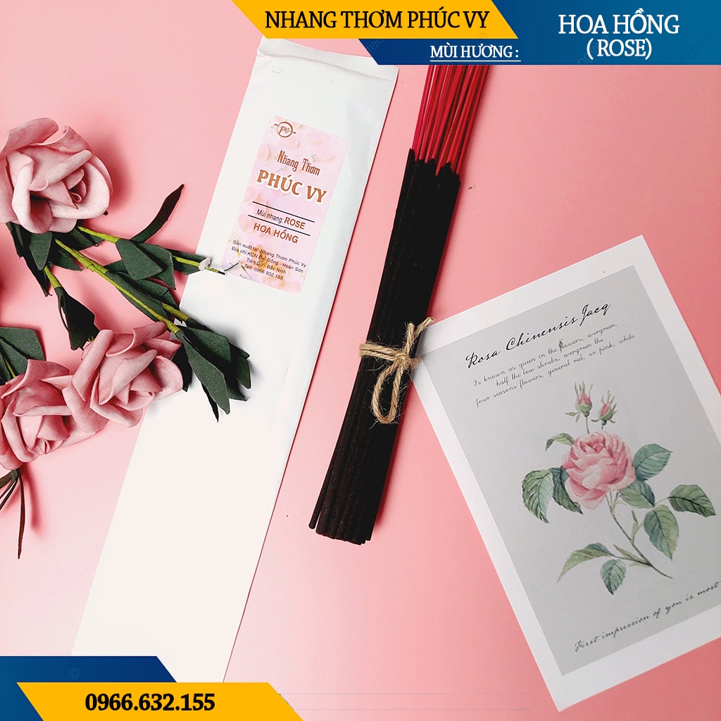 Nhang Thơm Phúc Vy Hương Hoa Hồng Rose - Túi 39 Cây 28cm, Ít Khói, Thơm Nhẹ, Dễ Chịu, Không kích mũi