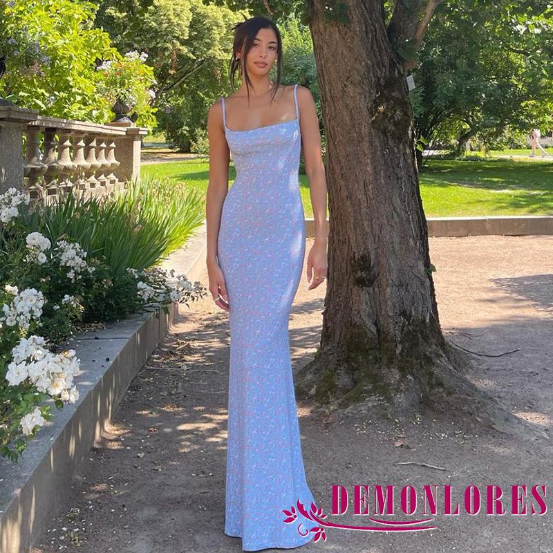 Đầm Dài Hai Dây Hở Lưng Ôm Dáng In Họa Tiết Hoa Dành Cho Nữ