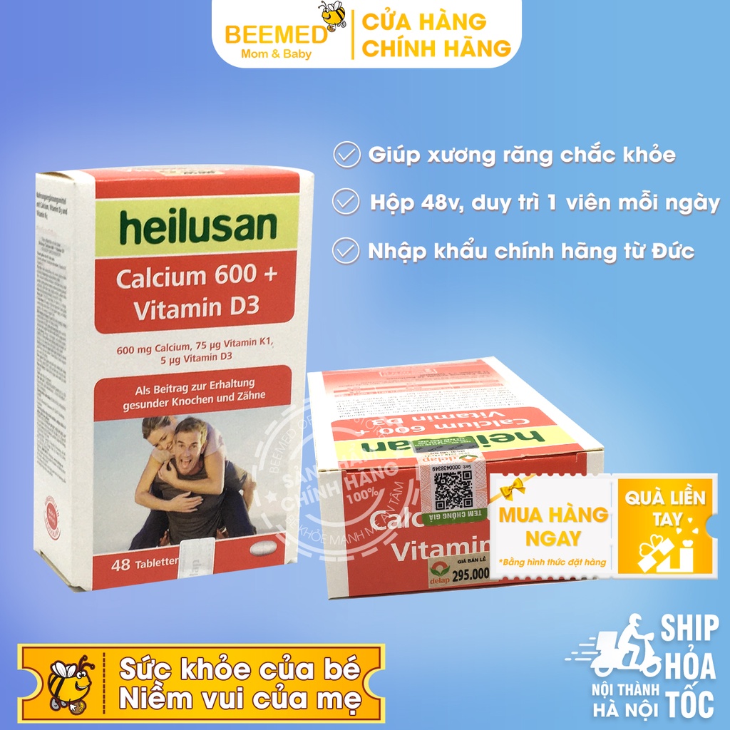 Bổ sung Canxi - Heilusan Calcium 600 + Vitamin D3 - hỗ trợ hấp thu Calci giúp xương răng chắc khỏe - hộp 48 viên