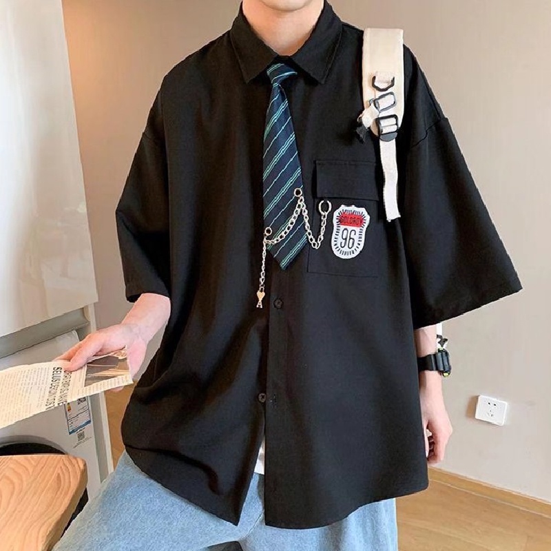 Áo Sơ Mi Ngắn Tay Phối Túi Hộp Form Rộng Phong Cách Hip Hop Hàn Quốc