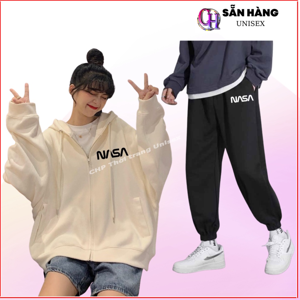 Sét bộ nỉ NASA tay bồng in chữ kèm quần ống bom, Bộ nỉ mùa đông Nam Nữ from rộng unisex đen, trắng