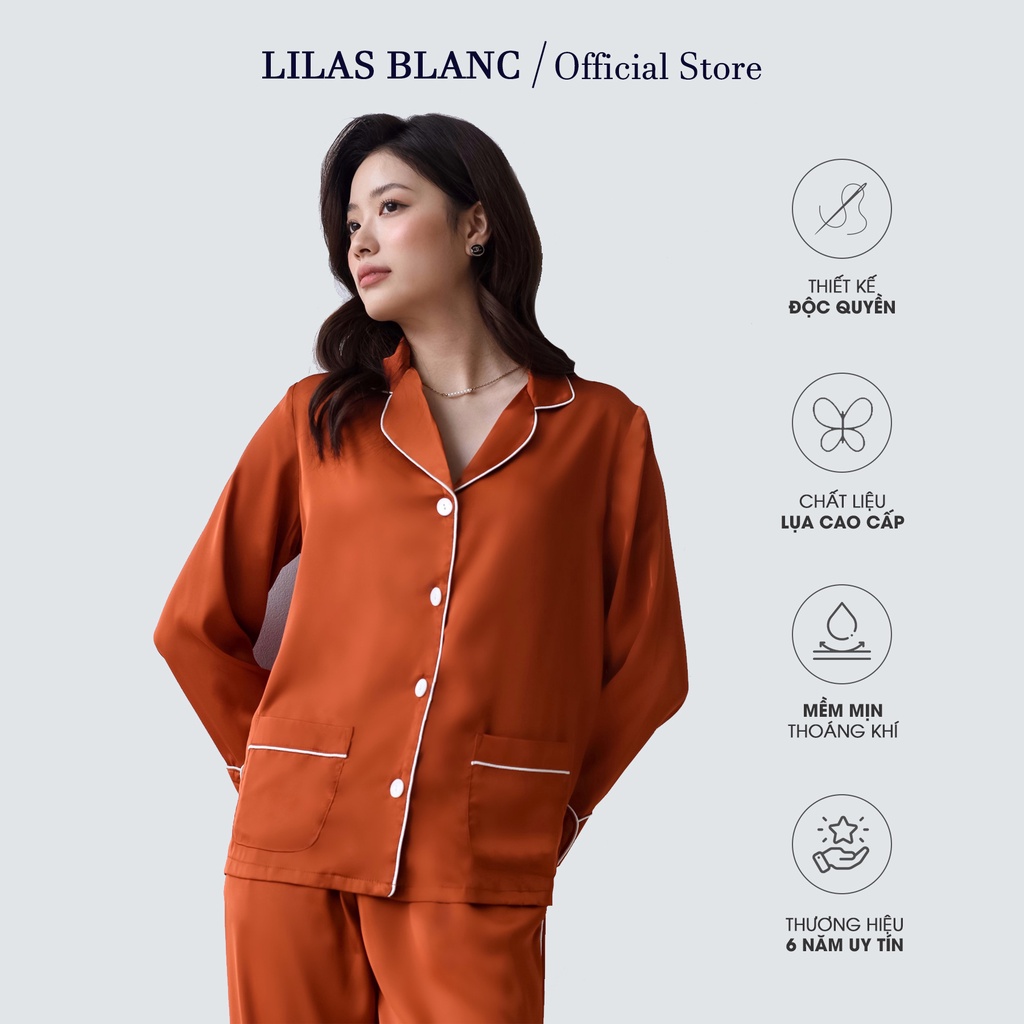 Bộ Pijama Nữ 𝐋𝐈𝐋𝐀𝐒 𝐁𝐋𝐀𝐍𝐂 Áo Dài Tay, Quần Dài Chất Lụa Cao Cấp Sang Trọng, Thanh Lịch | Màu Cam Nổi Bật