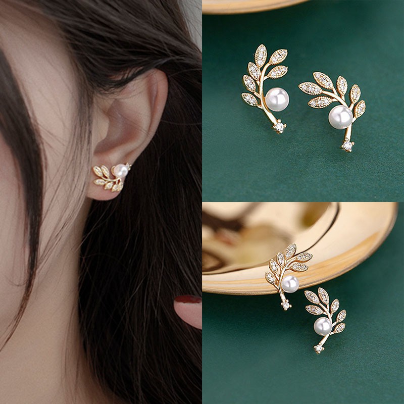 Khuyên tai hình lá đính đá sang trọng