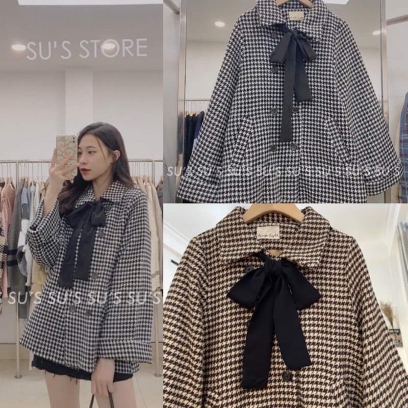 Áo khoác dạ kẻ caro đen trắng cổ sen nơ ngực dáng babydoll cúc trước tay rộng Hàn Quốc