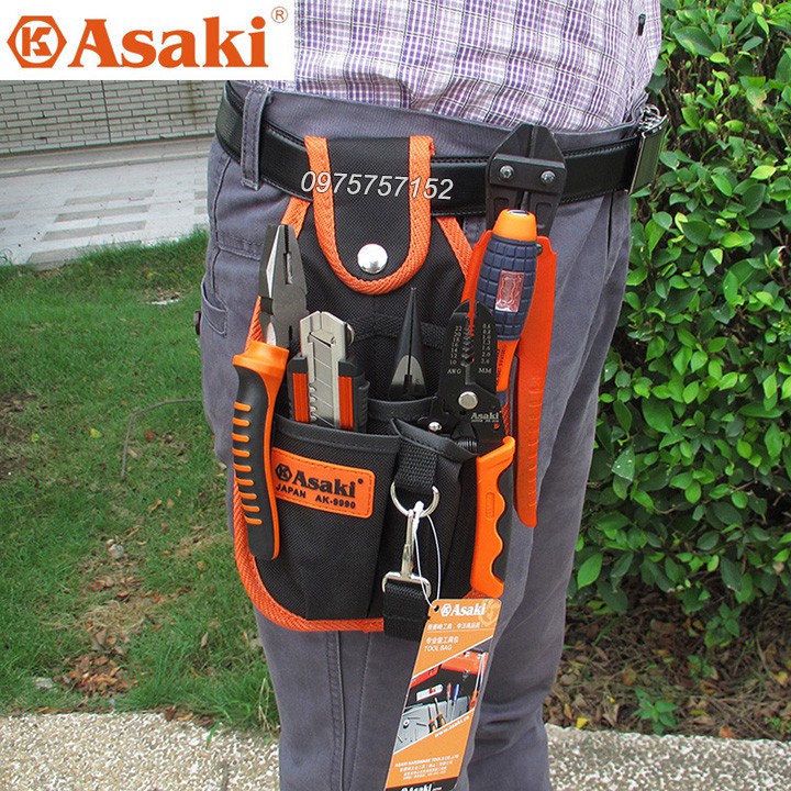 Túi đeo thắt lưng đựng đồ nghề sửa chữa cao cấp Asaki AK-9990 HORUSDY, chống thấm, chống đâm thủng, túi đồ nghề