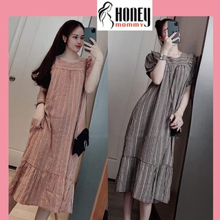 Đầm Bầu Váy Bầu Hè Vải Đũi Thoáng Mát Kẻ Caro Dáng Suông Công Sở HD2819 Honey Mommy
