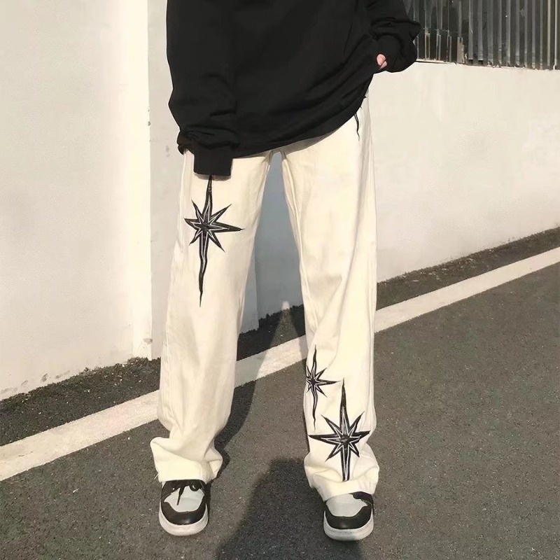 Quần Ống Đứng Thêu Hình Ngôi Sao Phong Cách Hip Hop Mỹ Size M-2XL Cho Nam