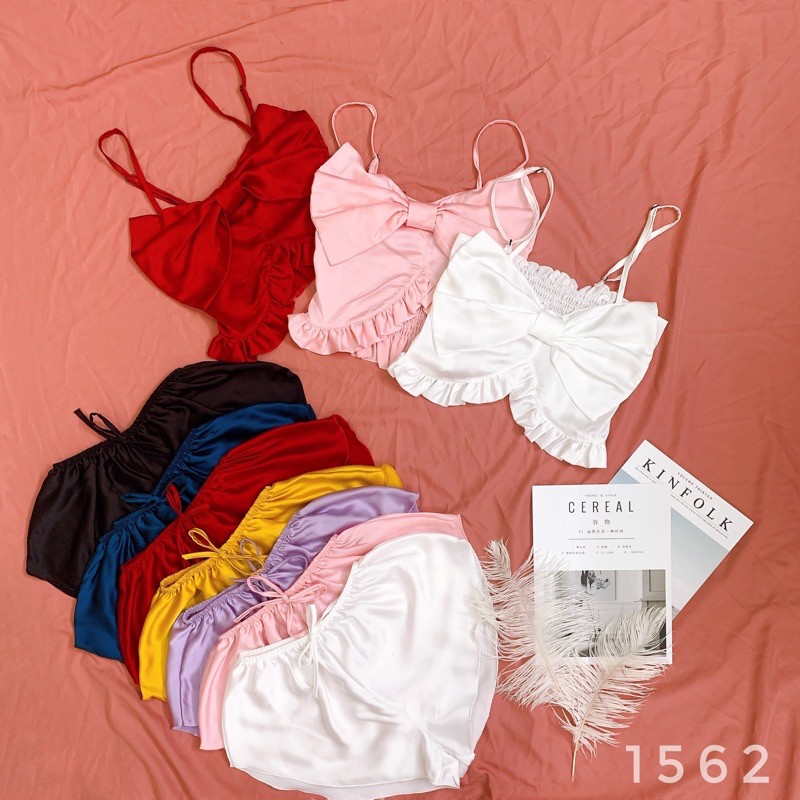 Đồ Ngủ Nữ, Đồ Ngủ Sexy 2 Dây Satin Nhún Nơ Dễ Thương Freesize Dưới 55kg - Linqu Sleepwear