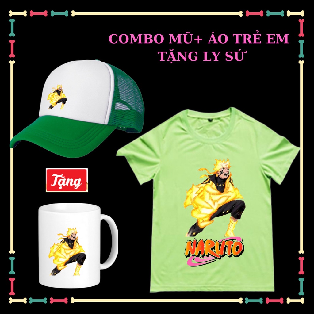 Combo Áo Naruto+Mũ Lưỡi trai Naruto-Tặng Ly sứ Naruto cho trẻ em tay ngắn Vải thun thái co giãn 4 chiều