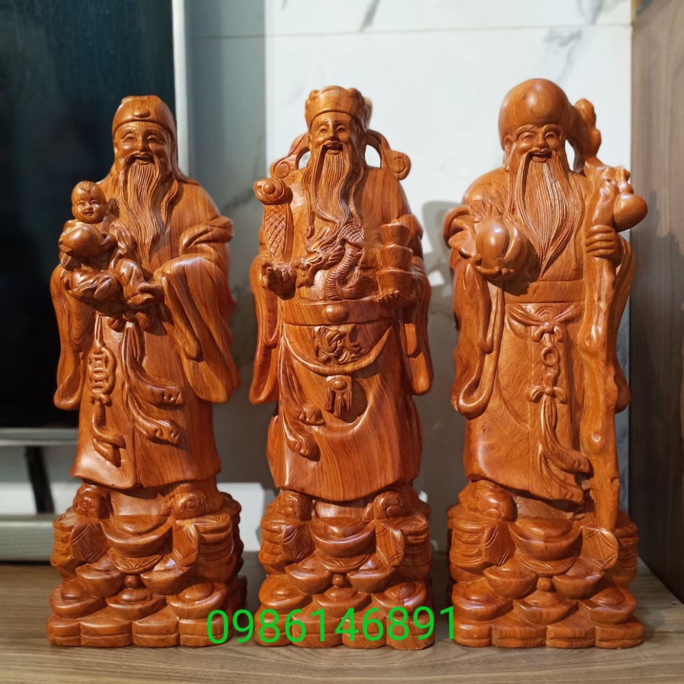 Bộ tượng tam đa phúc lộc thọ cao 50 đế quan tiền gỗ hương
