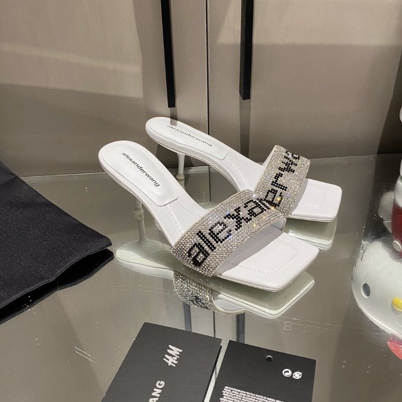 Guốc thời trang nữ mũi vuông quai ngang đính đá chữ Wang Alexander Wang AW gót 5cm
