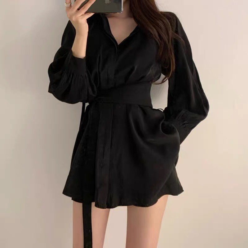 Set áo váy sơ mi mix quần đũi lụa cạp chun kèm đai đen trắng Ylydress freesize phom suông sexy phong cách hàn quốc C52