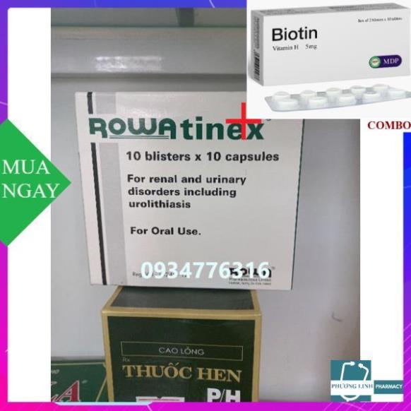 Combo Biotin 5mg+ Viên tan sỏi Rowatinex hộp 100 viên  nước sản xuất IRELAND