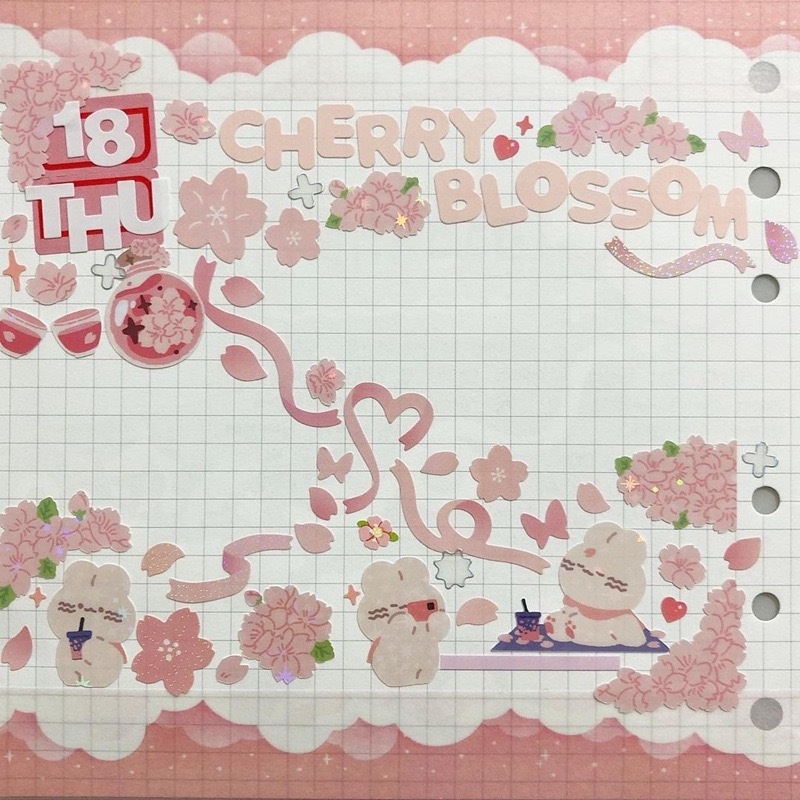 Sticker Hình Dán PET Hình Thỏ Mèo Râu Quăn Lấp Lánh Trang Trí Toploader Bullet Journal