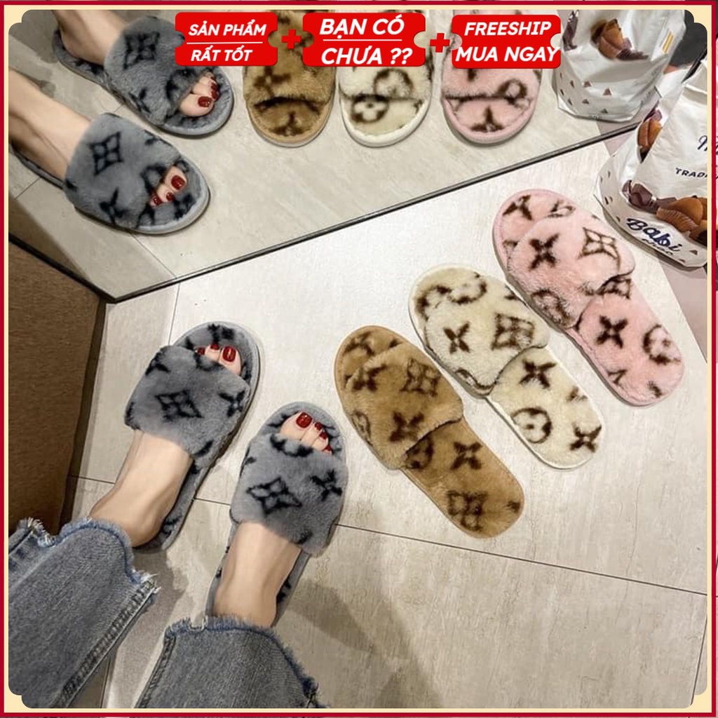 Dép lông quai ngang LV cao cấp, dép lông nữ quai ngang đi trong nhà GC35