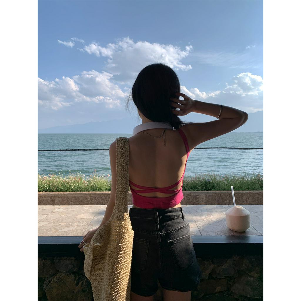 qkoole   Áo Ống Ngắn Hai Dây Có Mút Đệm Ngực Màu Đỏ Hồng Ngọt Ngào Và Ngọt Ngào Mùa Hè Cho Nữ