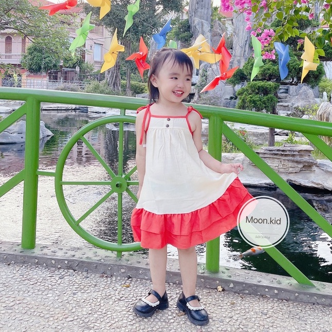Váy bé gái - Đầm hai dây đuôi cá bánh bèo vải đũi mềm mát cho bé gái 1-5 Tuổi