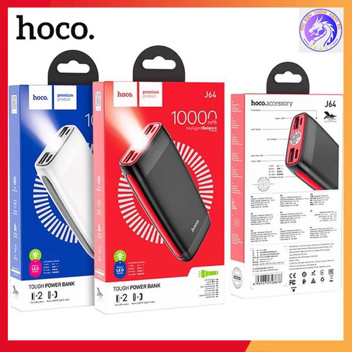 Pin Dự Phòng Hoco J64 10000 MAH 2 Cổng USB 2.0A Có Đèn Led Chiếu Sáng Tương Thích Nhiều Thiết Bị