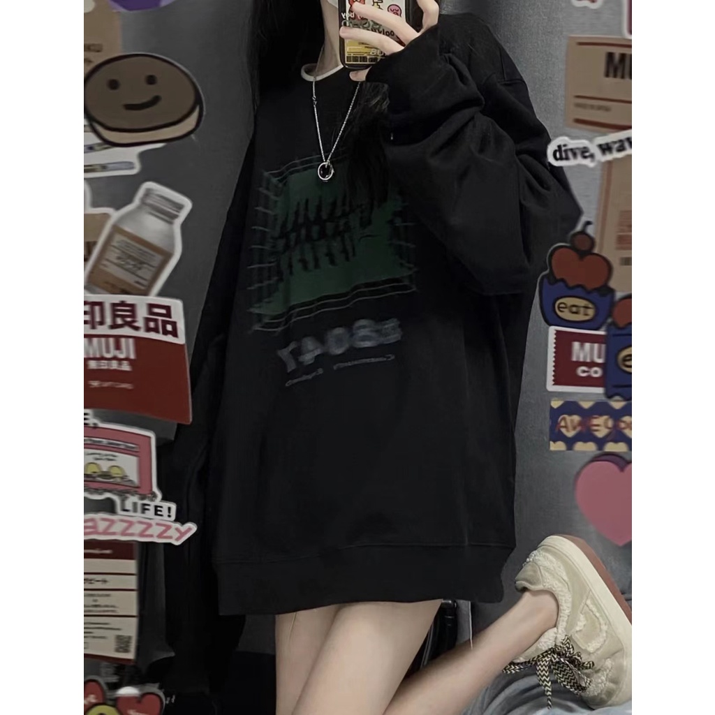 Áo nỉ sweater nữ form rộng màu đen, áo sweater nữ nỉ hàng quảng châu