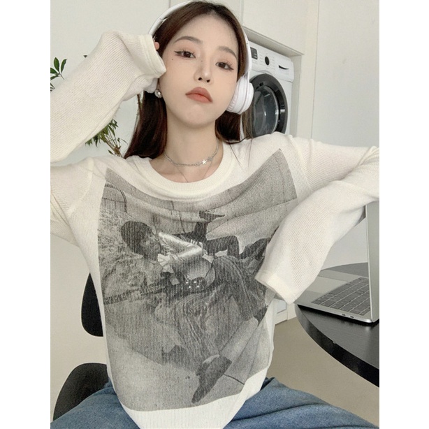 Áo Thun Dệt Kim Tay Dài Dáng Rộng In Họa Tiết Retro Xinh Xắn Cho Nữ