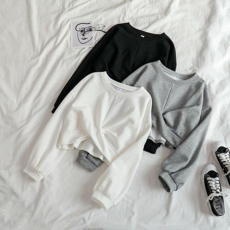 Áo Croptop Nỉ Xoắn Eo Dài Tay Basic - Áo Sweater Tay Dài Xoắn Eo