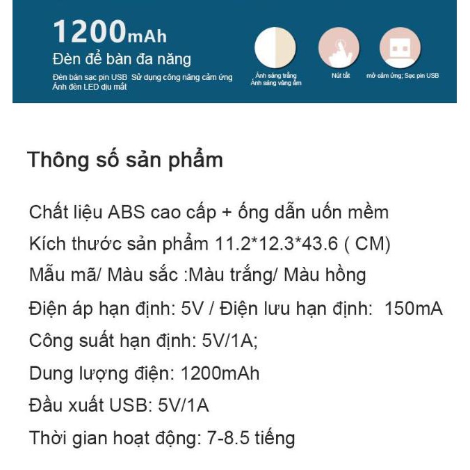 Đèn để bàn đa năng OneTouch 1200mAh (trắng) - Home and Garden