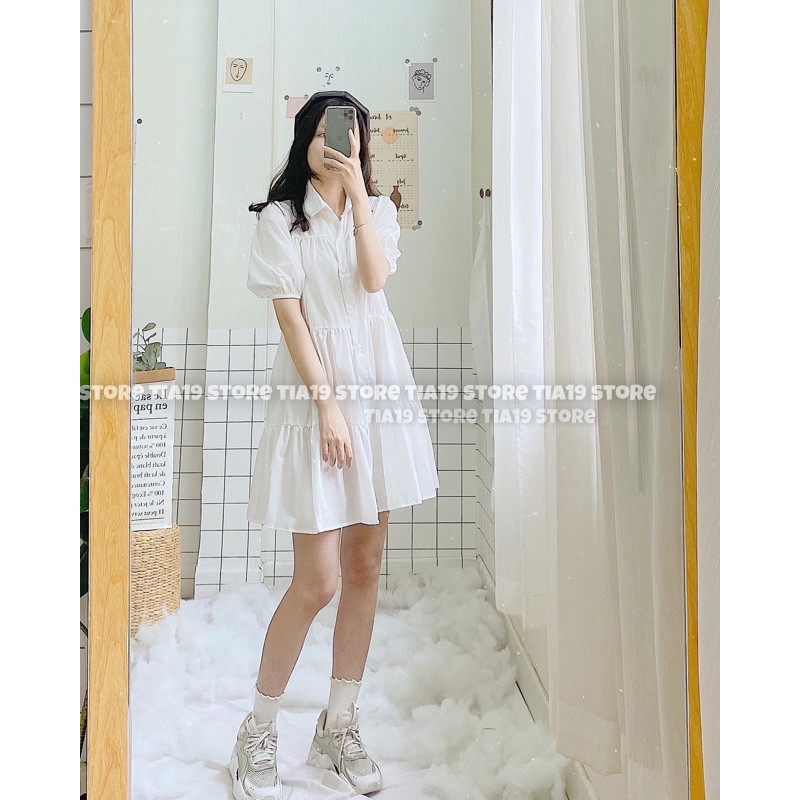 Váy trắng babydoll cổ sơmi tầng Tia19. Đầm dáng xoè form rộng ulzzang ( Ảnh thật) | BigBuy360 - bigbuy360.vn