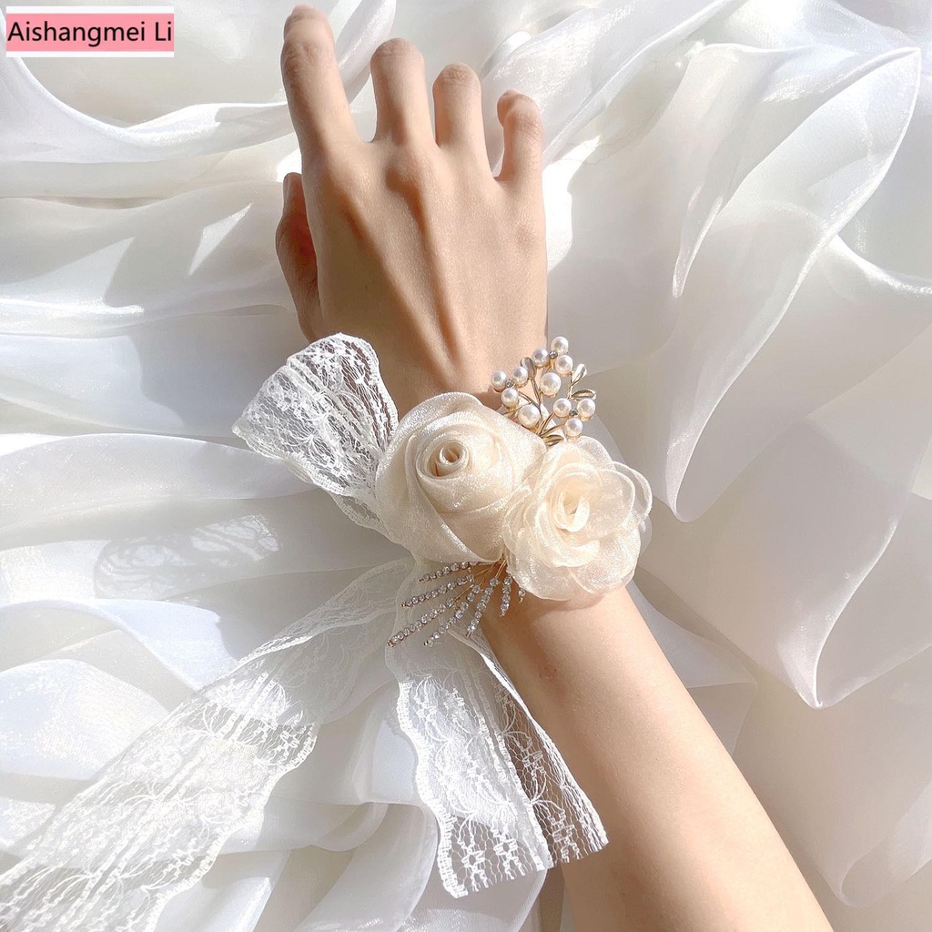 [Aishang Trang Sức Đẹp] Vòng Tay Hoa Ren Trắng Phối Ruy Băng Sang Trọng Cho Phù Dâu Trong Ngày Cưới