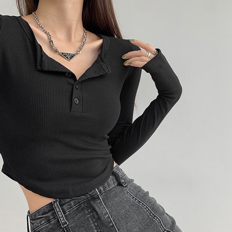 Áo thun IELGY thiết kế cổ chữ v tay dài dáng ôm màu xám thời trang cho nữ