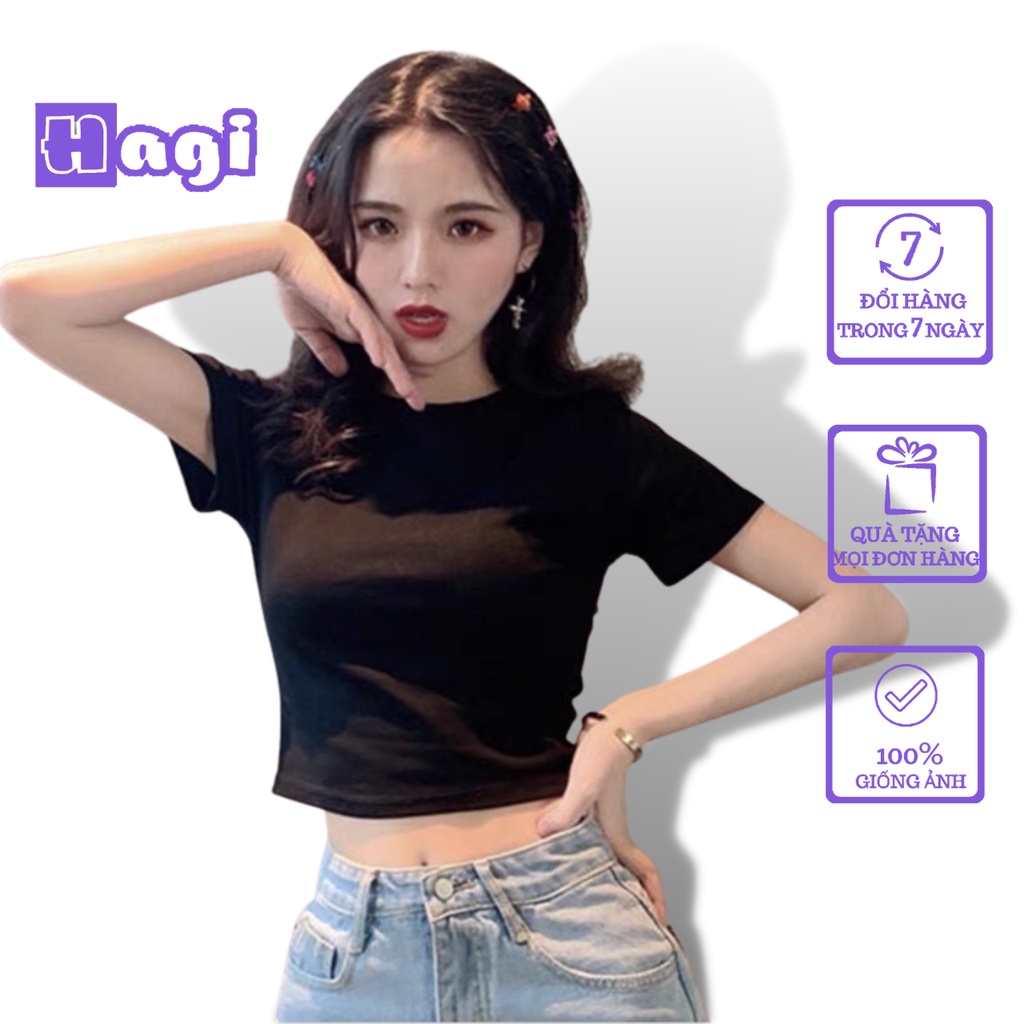 Áo croptop tay ngắn nữ ôm body Hagi clothings, Croptop Nữ trơn ngắn tay cổ tròn dáng ôm cổ tròn